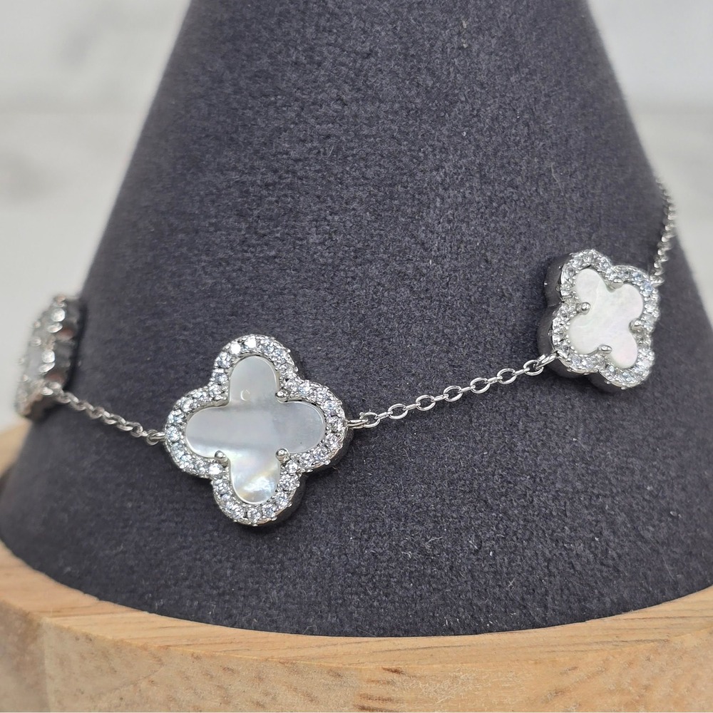 Sterling Silver Mother of Pearl Cubic Zirconia Clover Station Bracelet 925 6g